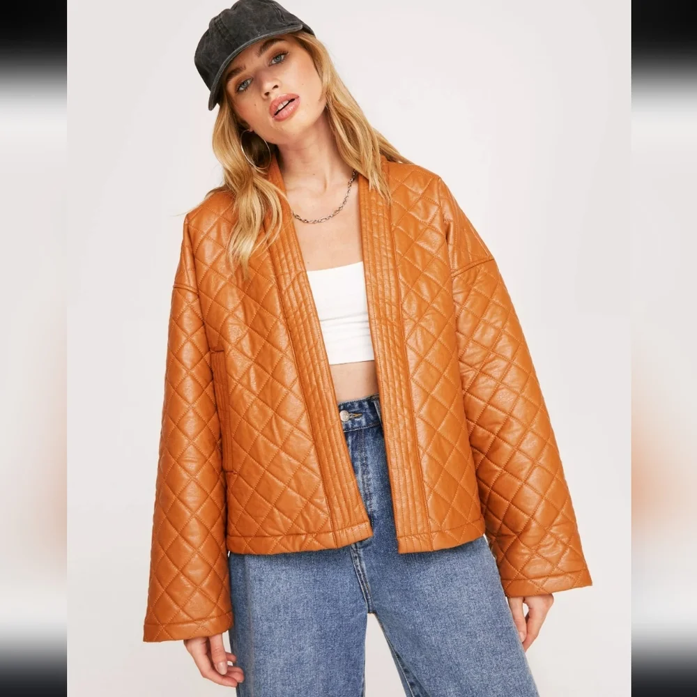 Nasty Gal Tan Quilted Leather Jacket - Picture 1 of 13